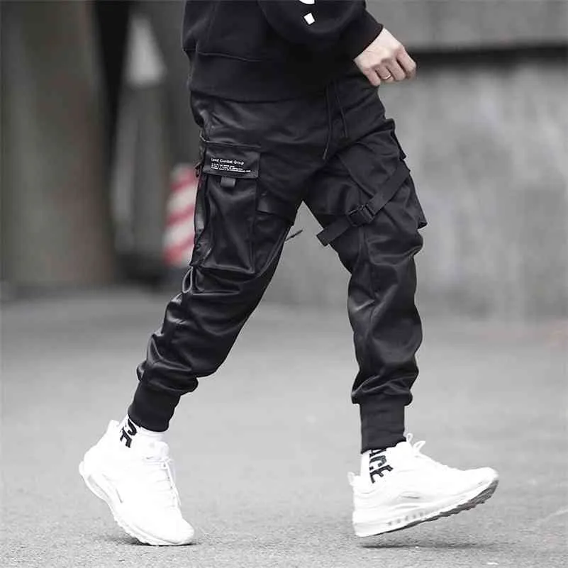 Własny Mężczyźni Wstążki Streetwear Spodnie Cargo Jesień Hip Hop Joggers Spodnie Kombinezony Czarne Fashions Baggy Kieszenie Spodnie 210714