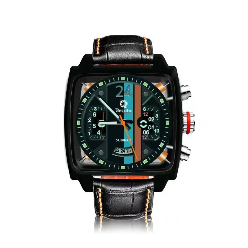 Orologio meccanico automatico da uomo di lusso REQUIN barra dei colori 24 ore di lavoro completo quadrante piccolo calendario cassa in acciaio inossidabile nero cinturino in pelle