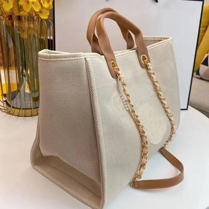 21ss Canvas Fashion Woman Bag Casual Chain Totes Pearl Female Shoulder Bags Famous Brands Latest Purse Classic Luxury Handbags Large Capacity For Women Beach Ba gs