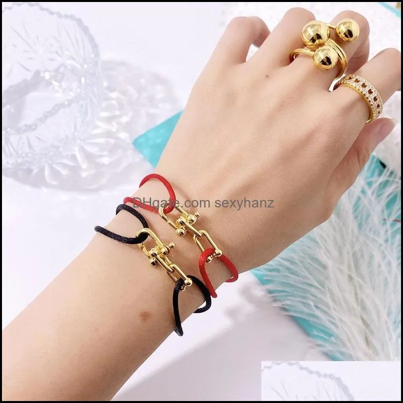 Bangle High Quality Black Red And More Colors Cotton Rope Accessories U Lock Chain Style Stainless Steel Bracelets For Women