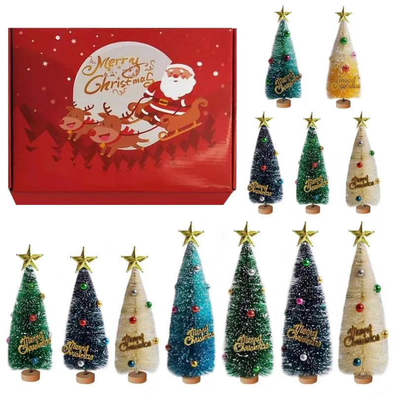 Christmas Decorations 12PCS Mini Tabletop Artificial Snow Flocked Tree Ornament Set With Gift Box For Xmas Party Home Decor