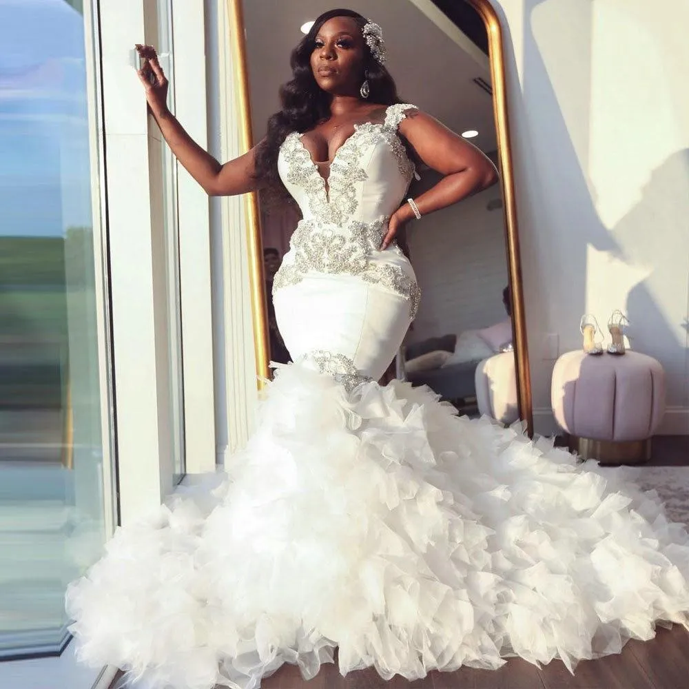 2021 mermaid wedding dress with Sweetheart Neckline, Ruffle Royal Train, Beaded Crystal Embellishments, and Plus Size Options for Black Girls -
