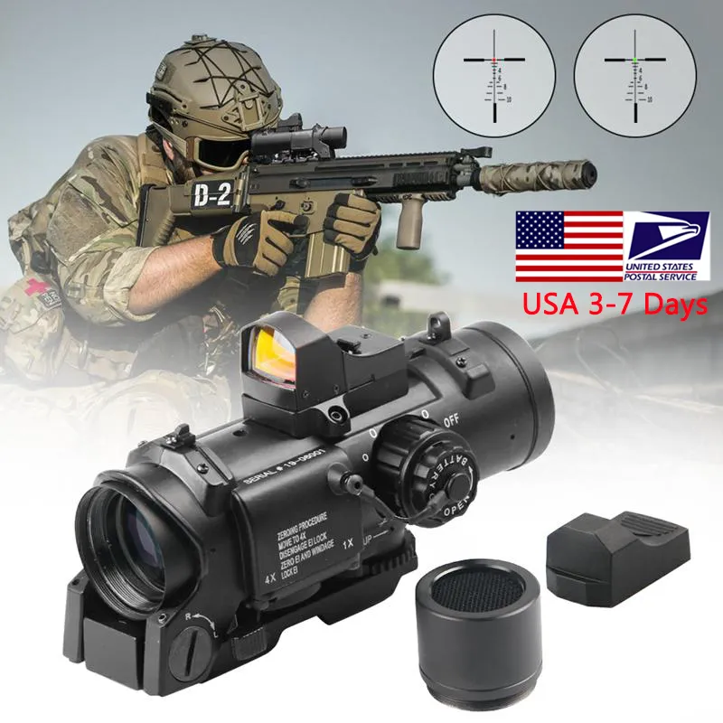Schnell abnehmbares taktisches 1x-4x festes optisches Doppelrollen-Zielfernrohr mit Mini Red Dot Scope RMR für die Gewehrjagd, Airsoft-Schießen