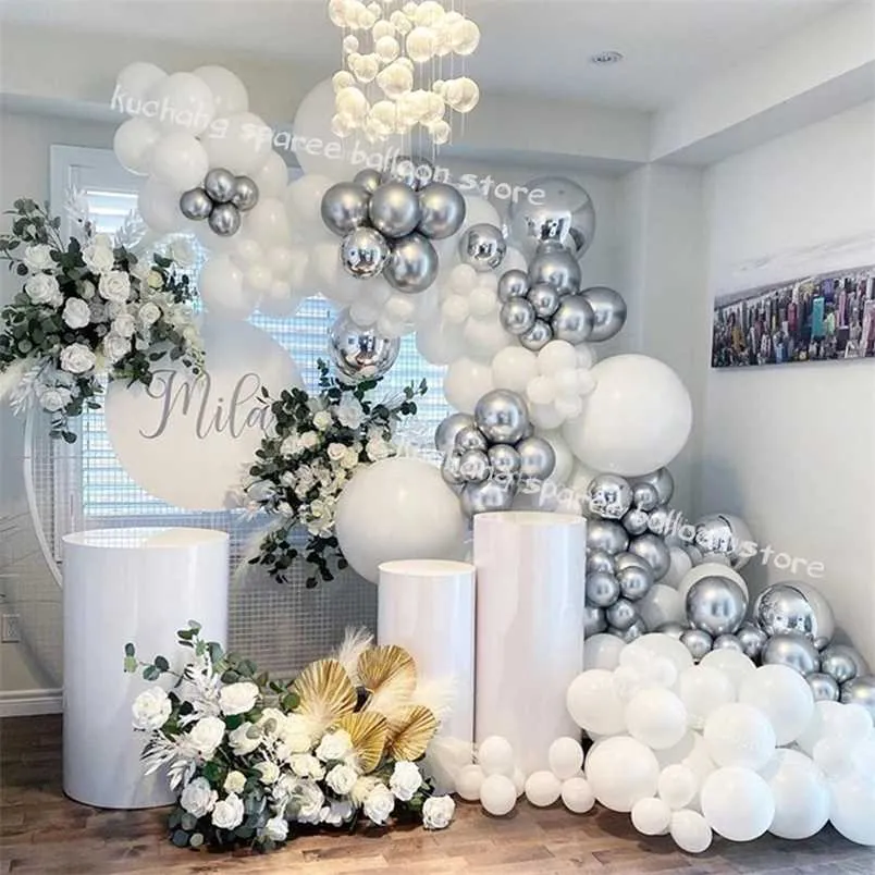125pcs décoration de mariage ballon guirlande kit argent blanc chrome globos 4d balle bébé douche fond mur fête fournitures 211216