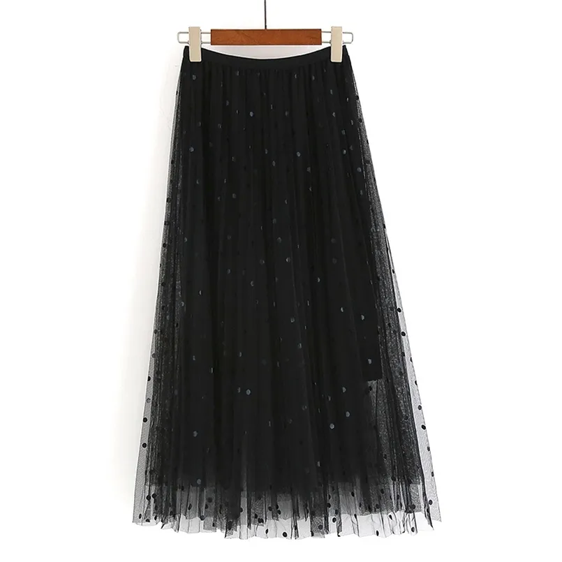 Long Chiffon Polka Dot Skirt Spring Autumn Elastic Waist Tulle Pleated Women Summer Black Maxi s For 210708