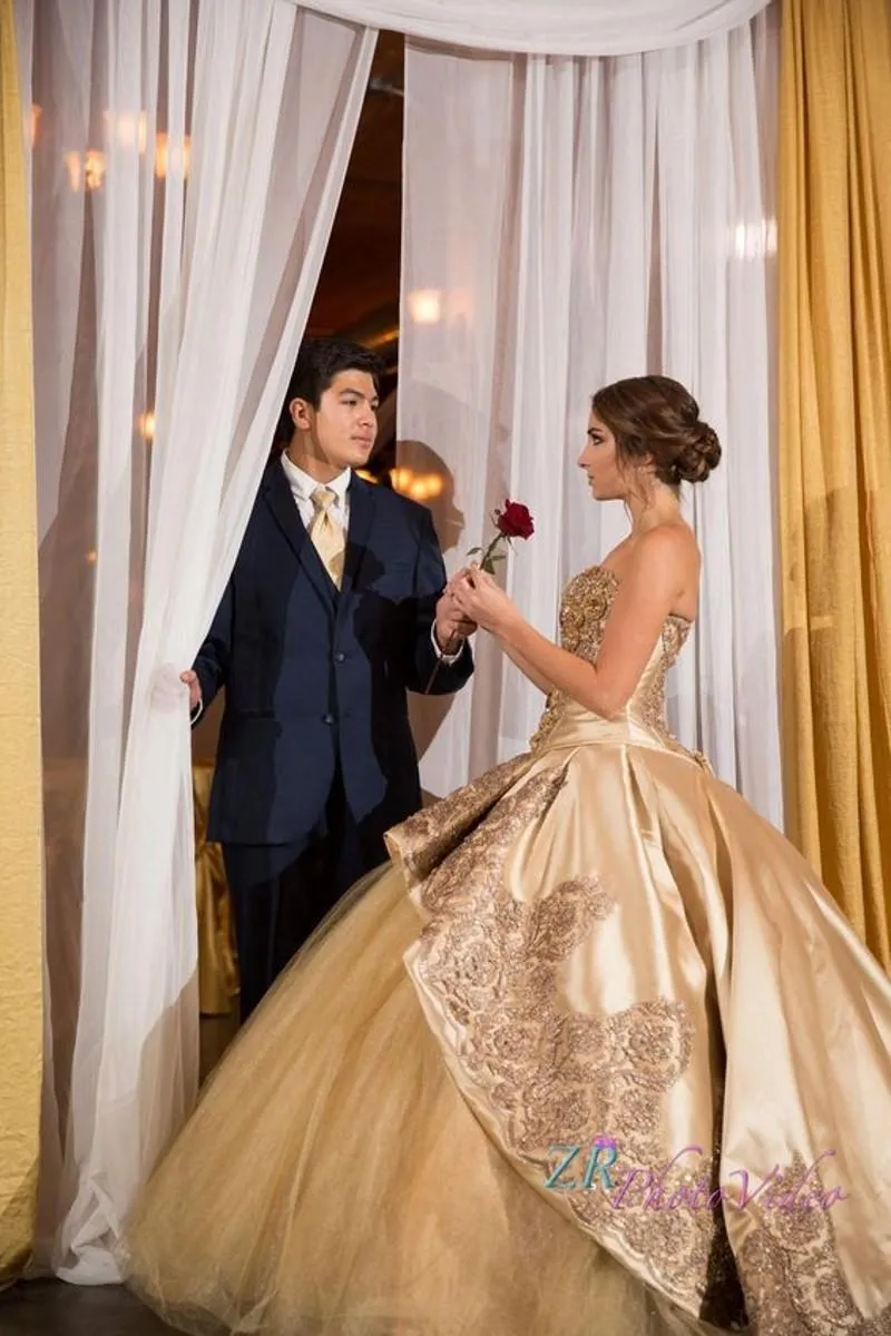 Gold Lace Applique Gold Quinceanera Dresses With Beaded Detailing