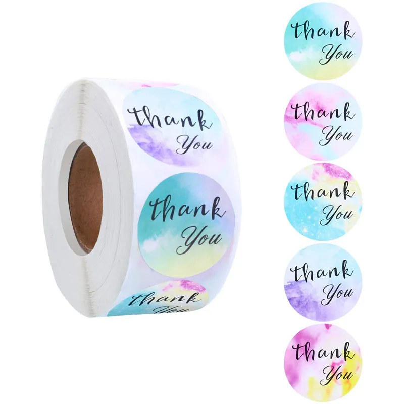 500pcs Roll 1inch 1.5inch Colorful Thank You Label Adhesive Stickers Store Box Gift Bag Baking Package Wedding Decoration