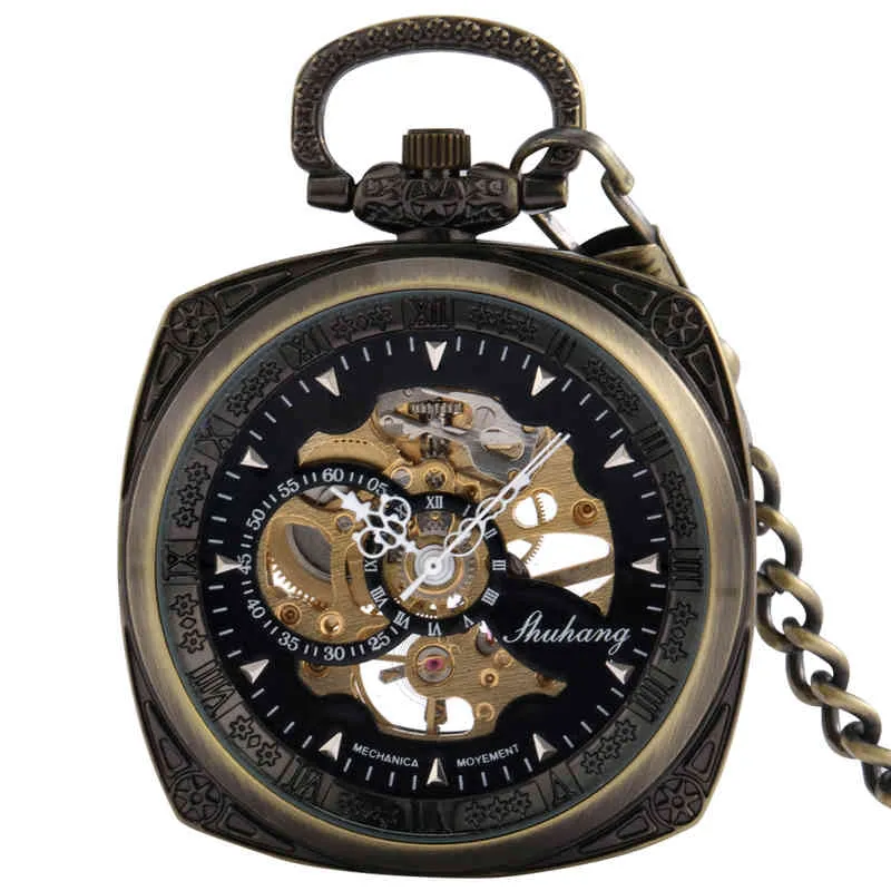 청동 사각형 블랙 다이얼 테이퍼 규모 수동 기계 맨 포켓 시계 화이트 중공 포인터 세련된 선물 기념품 소형 시계