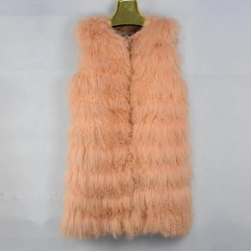 Kvinnors Fur Faux 2021 Får Real Women Vest Long Fluffy Fashion Casual Warm Coat Jacket