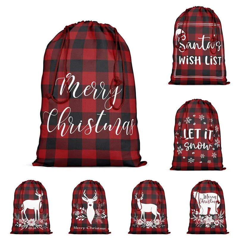 Christmas Gift Bags Reindeers Plaid Printed Kids Candy Bag Xmas Drawstring Sack Christmas-Decoration Sea sending T9I001415