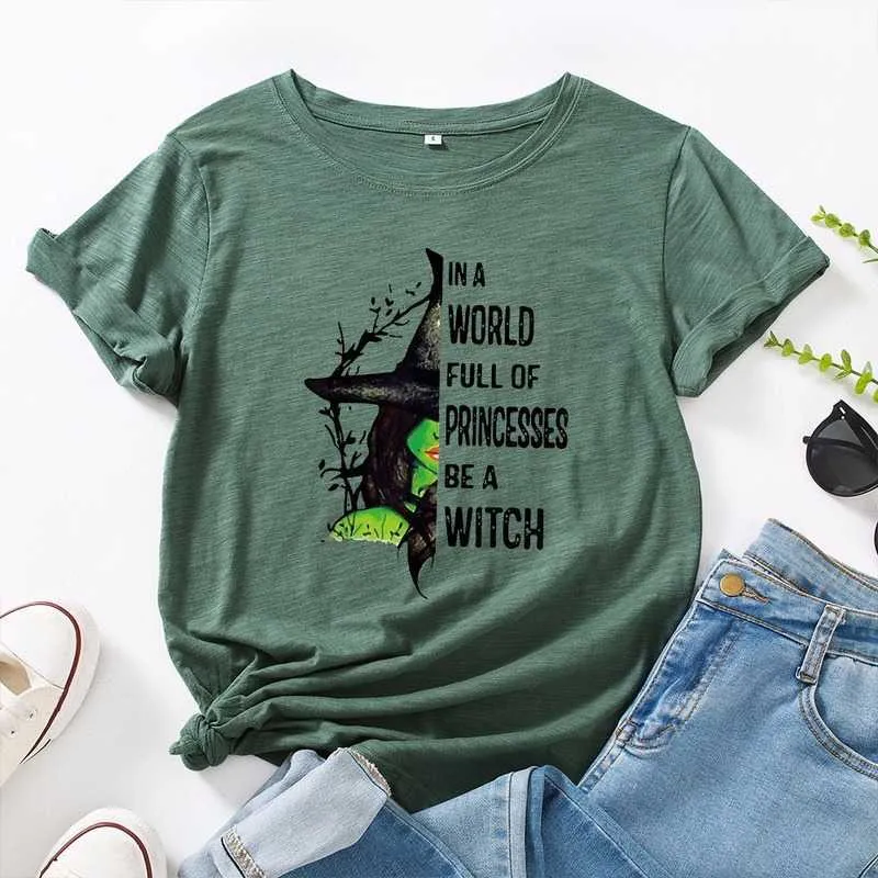 JCGO Fashion Summer T Shirt Women Plus Size 5XL Cotton Halloween Witch Print Female Short Sleeve Tshirts Casual Lady Tops Tee 210702