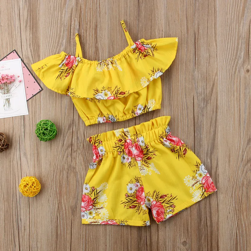 Enfant Bébé Fille Vêtements Jaune Floral Volants Sangle Hauts Gilet Shorts Bas Tenues D'été Vêtements De Plage Ensemble 341 Y2