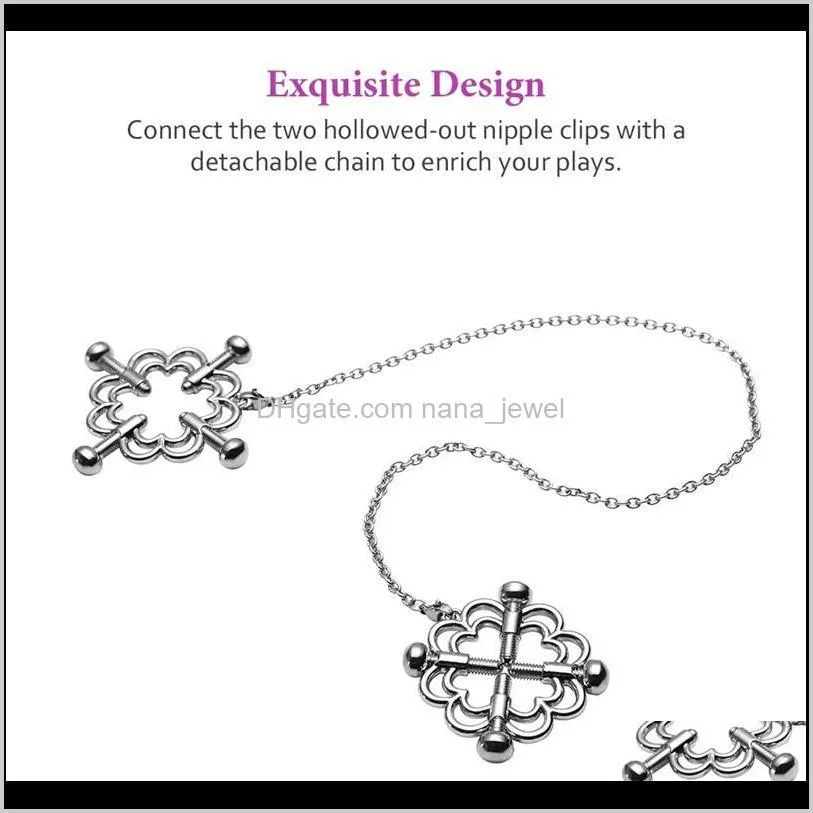 silver adjustable nipple clip breast clamps deluxe toy for nipple play detachable chain hollowed-out design nipple ring