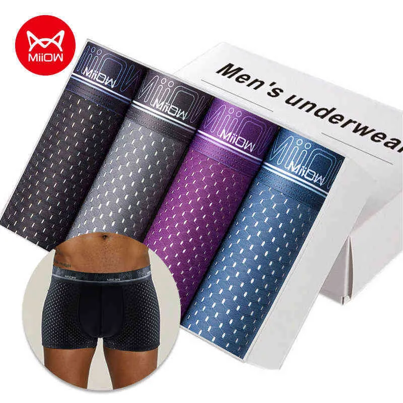 MiiOW 4Pcs Sexy Mesh Men Underwear Boxer Shorts Breathable Cotton Pouch Boxershorts Panties Underware Lingerie L-3XL Underpants H1214