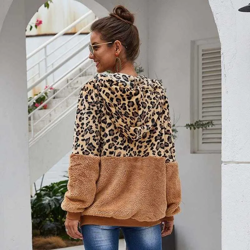 2021 jesień płaszcz ze sztucznego futra kobiety Leopard pluszowy płaszcz panie pluszowy płaszcz zimowy z kapturem kobiety puszyste futro pluszowa kurtka kobieta Y0829