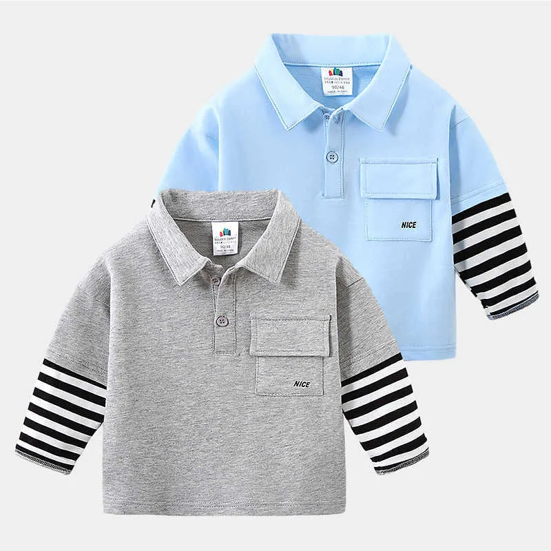 Spring Autumn 2 3 4 5 6 8 10Years Children Cotton Turn-Down Collar White Black Striped Patchwork T-shirt For Baby Kids Boys 210529