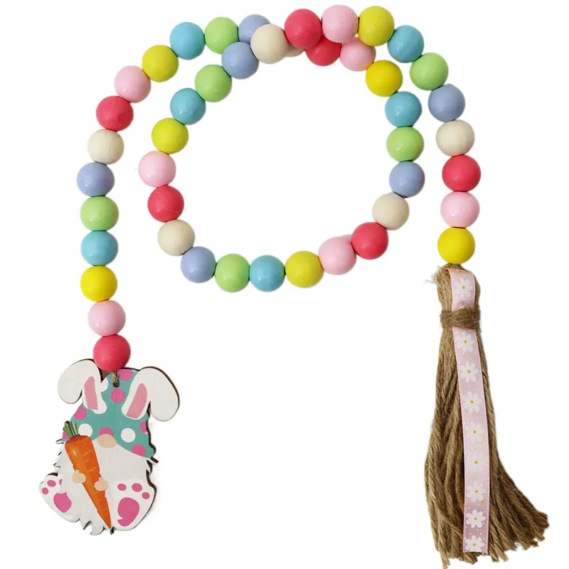 Ghirlanda di perline di legno di Pasqua con nappe e etichetta coniglietto Decorazioni per vassoi rustici a più livelli Preghiera primaverile Boho Beads