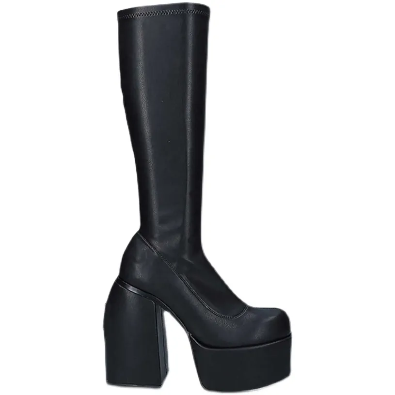 Punk Tarzı Sonbahar Kış Çizmeler Elastik Mikrofiber Ayakkabı Kadın Ayak Bileği Yüksek Topuklu Siyah Deri Çizme Platformu Kadınlar Için 211229