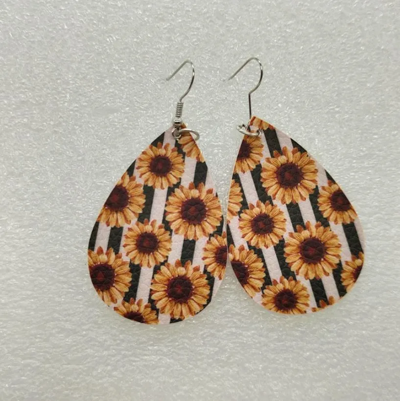 Dangle Chandelier High Quality Sunflower Printed Faux Leather Teardrop Earrings Colorful Layered Flower Pattern Water Drop Earrings Creative Gifts