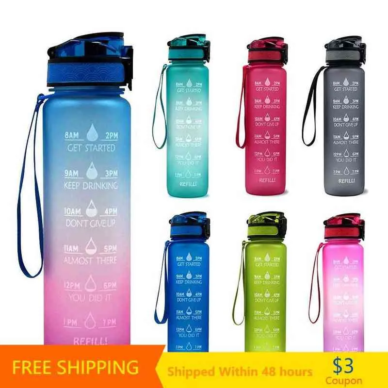 Bouteille d'eau de grande capacité de 32 oz avec marqueur de temps étanche Gym Fitness Sport Shaker Bouteilles de boisson Camping Vélo Waterbottle Y1223