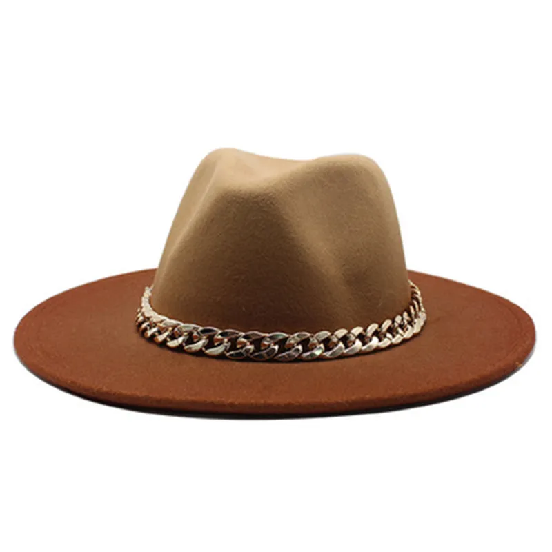 Fedora Mössor Gradient Färg Solid Bälteband Kedja Jazz Caps Wide Brim Casual Formell Kyrka Bröllop Khaki Black Camel Kvinnor Hattar