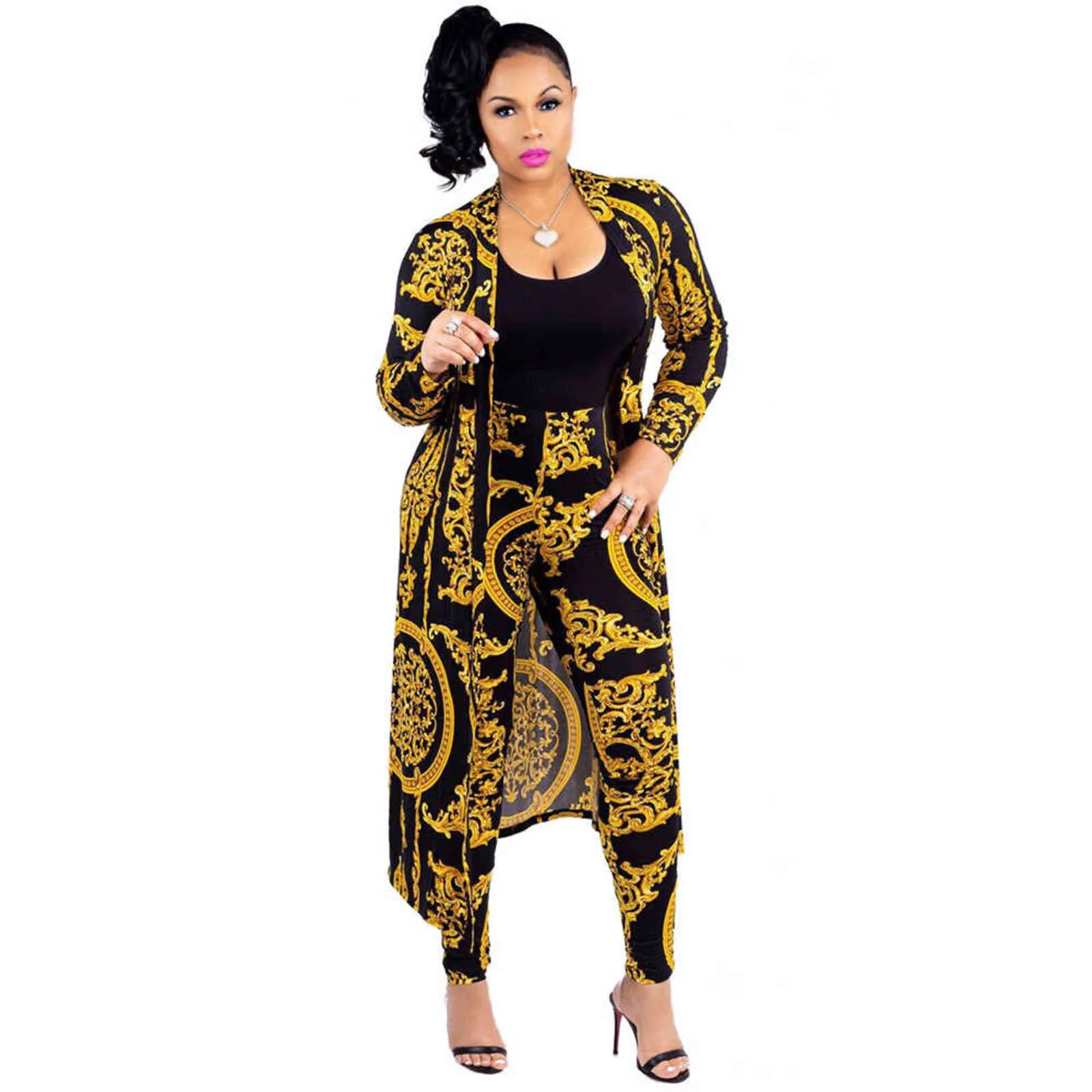 2 Piece African Dashiki African New Fashion Long Sleeve Print Coat Cape Tights 2 Piece Trousers Casual Suit Women Spring Autumn