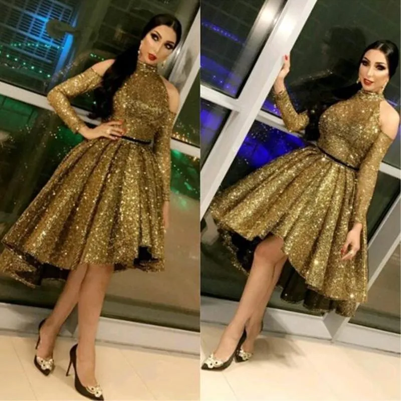 Sparkly Gold Sequins вечерние платья с длинными рукавами с плеча черная лента на заказ на заказ высокие низкие выпускные вечеринки платья