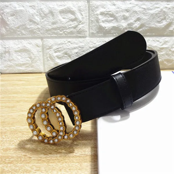 Trends pearl Belts Luxury Design Women Letter Fashion Alloy Leather Smooth double Golden rhinestones buckle jeans ladies Belt BLack Sizes 90-125CM