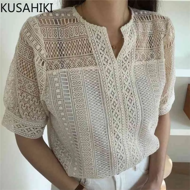 Kushaiki Chic Camisa de Lace Elegante Mulheres Corean Hollow-Out Blusa Tops Verão Spruff Manga O-Pescoço Blusas de Mujer 6J752 210603