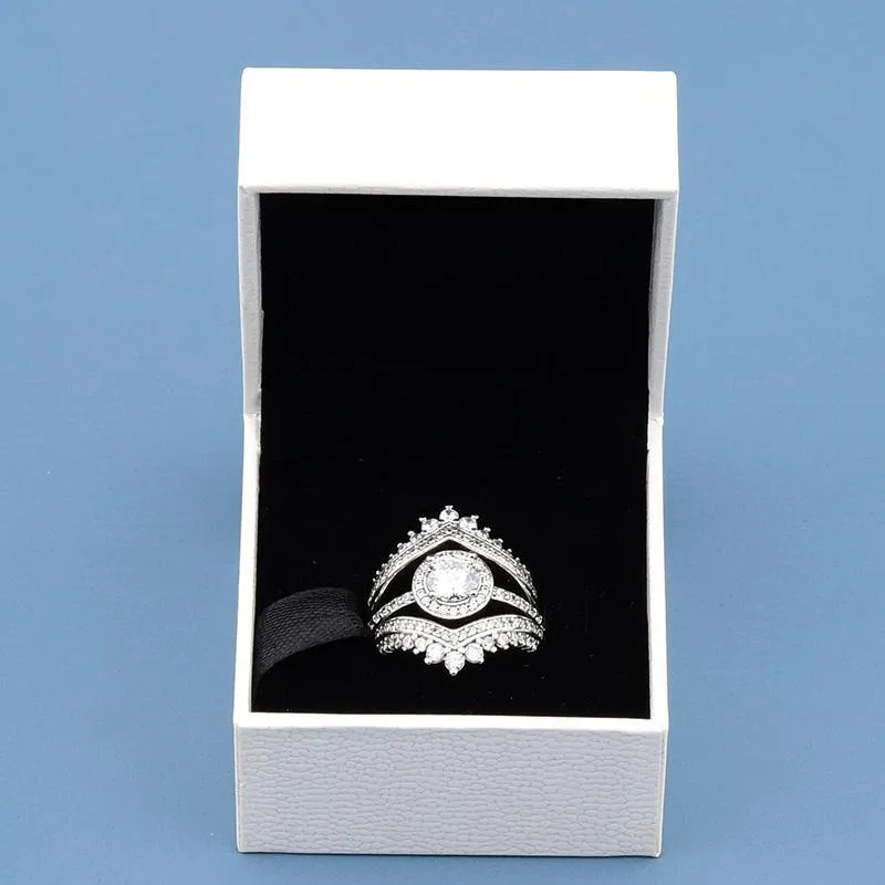 Women TOP Fashion Wedding RING set CZ diamond Princess bone Ring with Original box for Pandora Real Sterling Silver Engagement Rings