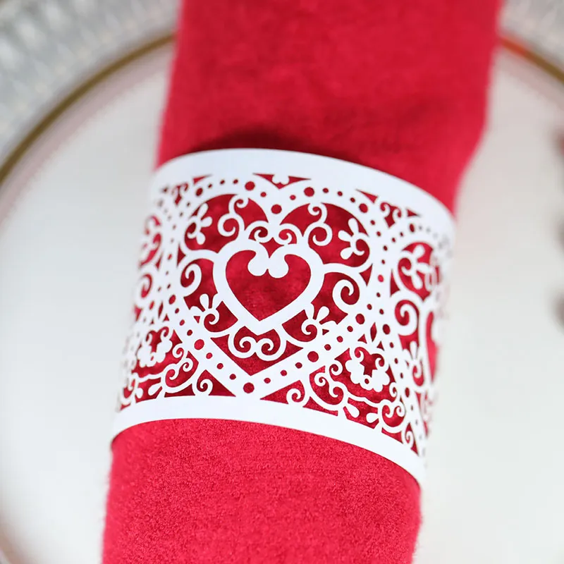 Bröllopsdekorationer 50st kärlekshjärta laserskurna pappersringar servetter hållare Hotel födelsedag bröllop julfest fördel bordsmiddag leveranser
