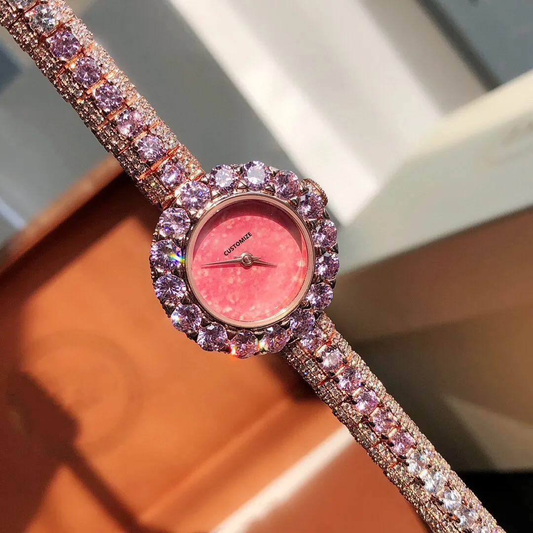 Klasyczna marka Geometryczne Purpurowe Zegarki Gem Lady Rose Gold Ze Stali Nierdzewnej Zegarek Zegarek Kobiet Pełna Diamond Dial 25mm