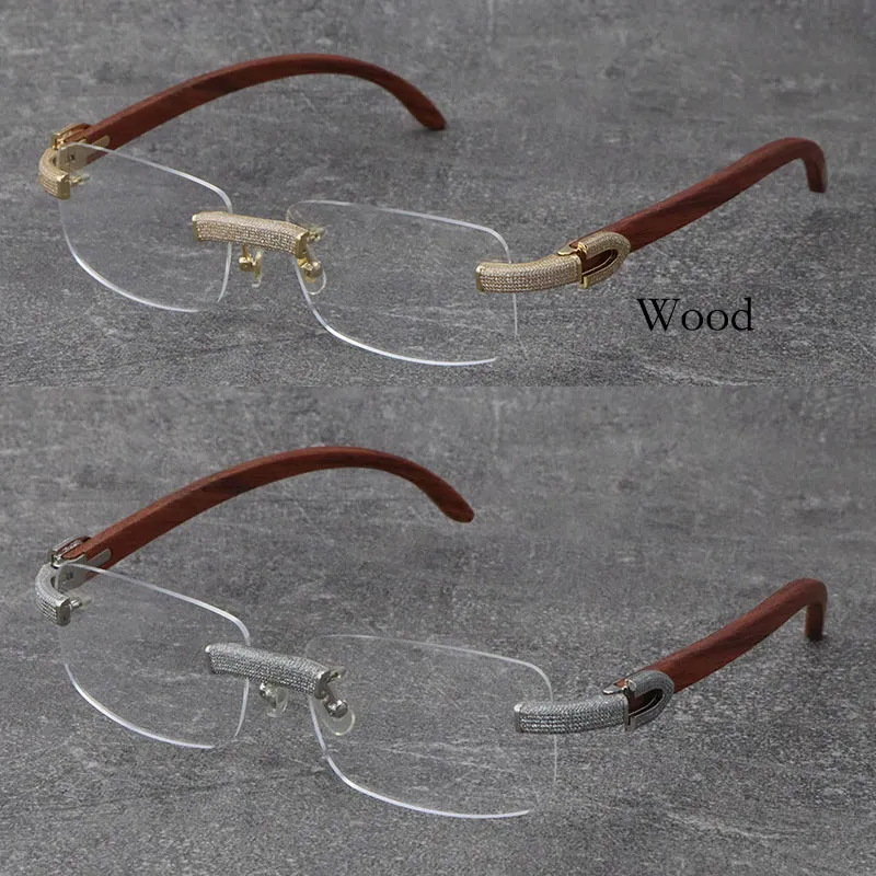 Groothandel metalen mix hout frames houten eyewear rimless micro-verharde diamant set bril mannelijke en vrouwelijke 18 k goud frame myopische bril Unisex bril Maat: 57-18-140