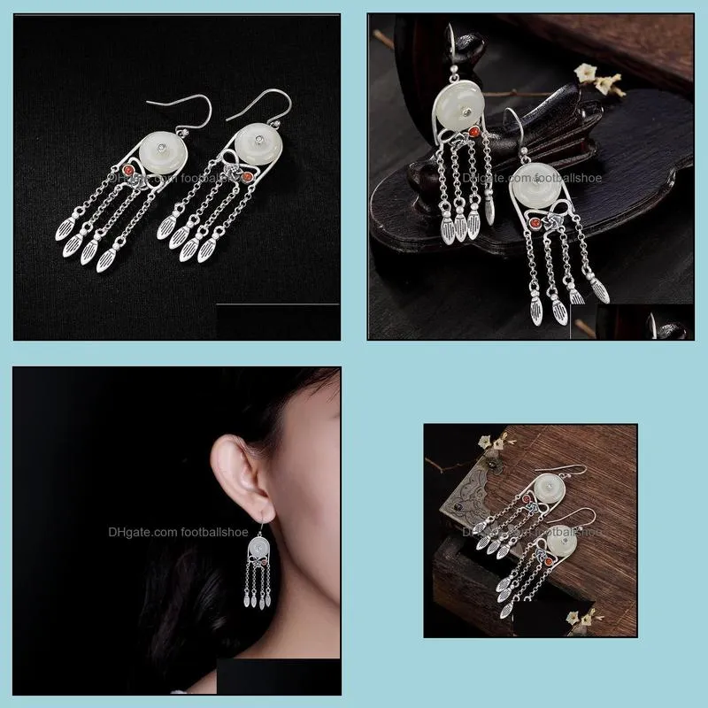 Original Design Natural Hetian Jade Safe Buckle Tassel Luxury Earrings Chinese Retro Aristocratic Charm Women`s Silver Jewelry Dangle &