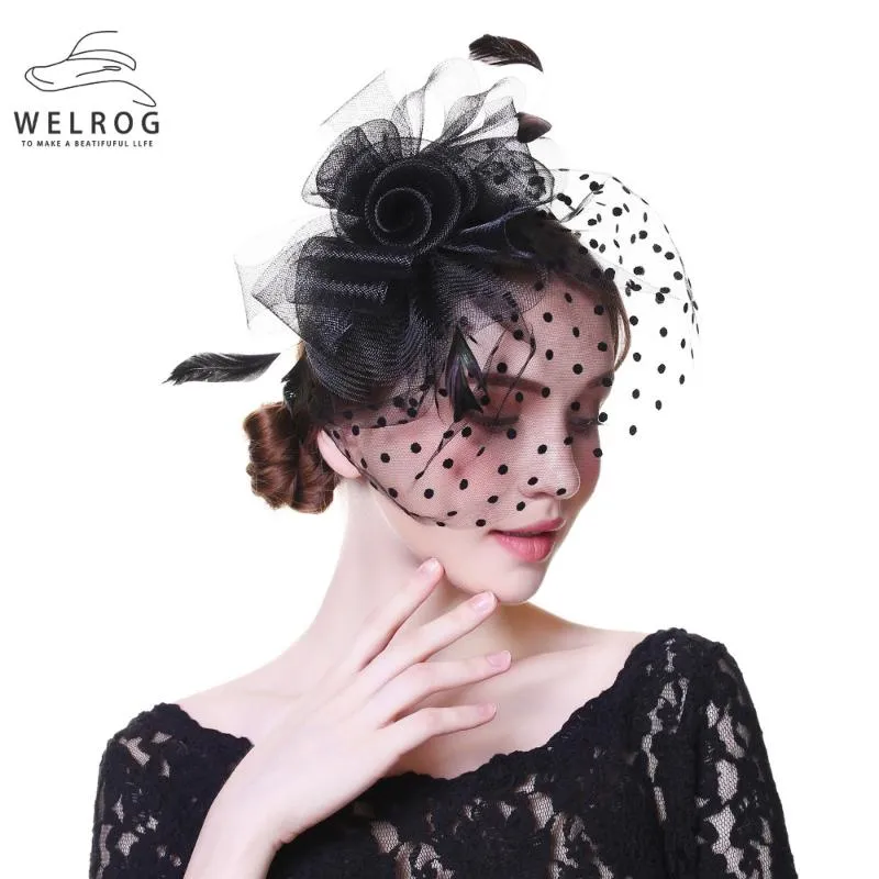 ケチなブリム帽子ウェルログ女性ファンシーフェザーパーティーウェディングヘッドウェア魅力者ベールドットプリント糸ヘッドバンドクリップス286T