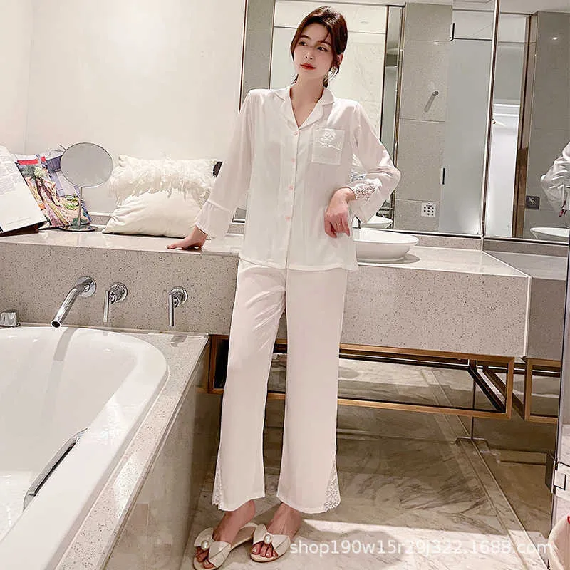 Sexy V-Neck White Satin Lace Trim Sleepwear Rayon Women Pajamas Long Sleeve Pants Home Suit Two Piece Set Nightwear Q0706