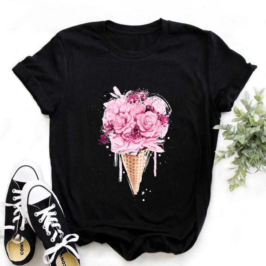 Mulheres Ice Cream Camiseta Cópia Carta T-shirt Casual Preto Manga Curta Tops Verão Marca Roupas X0527