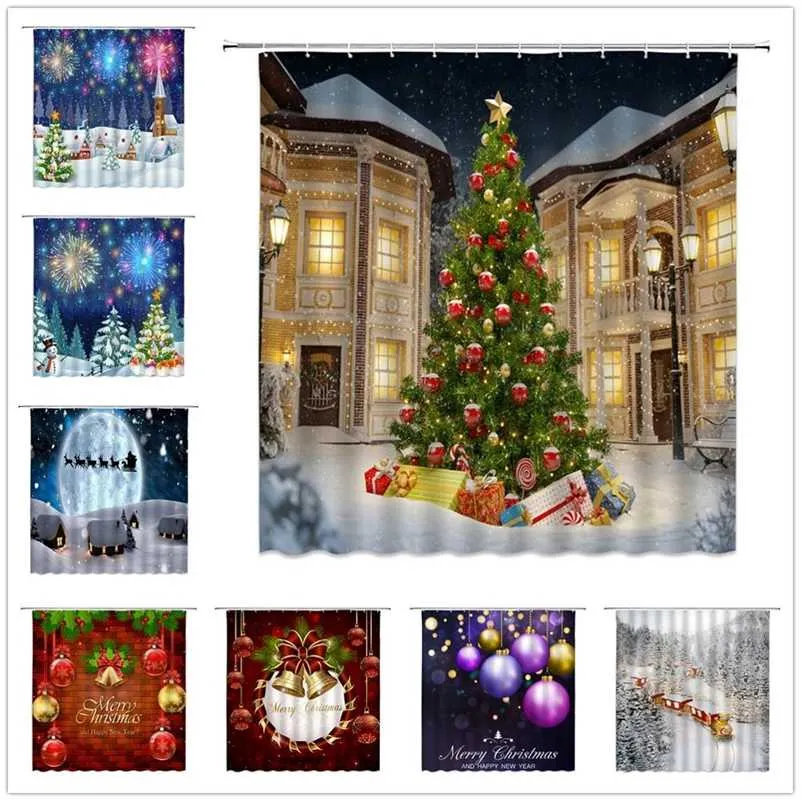 Kerst douche gordijnen jaar badkamer decor xmas cartoon sneeuwpop touw ballen sneeuw landschap kinderen badkamer doek gordijn set 211116