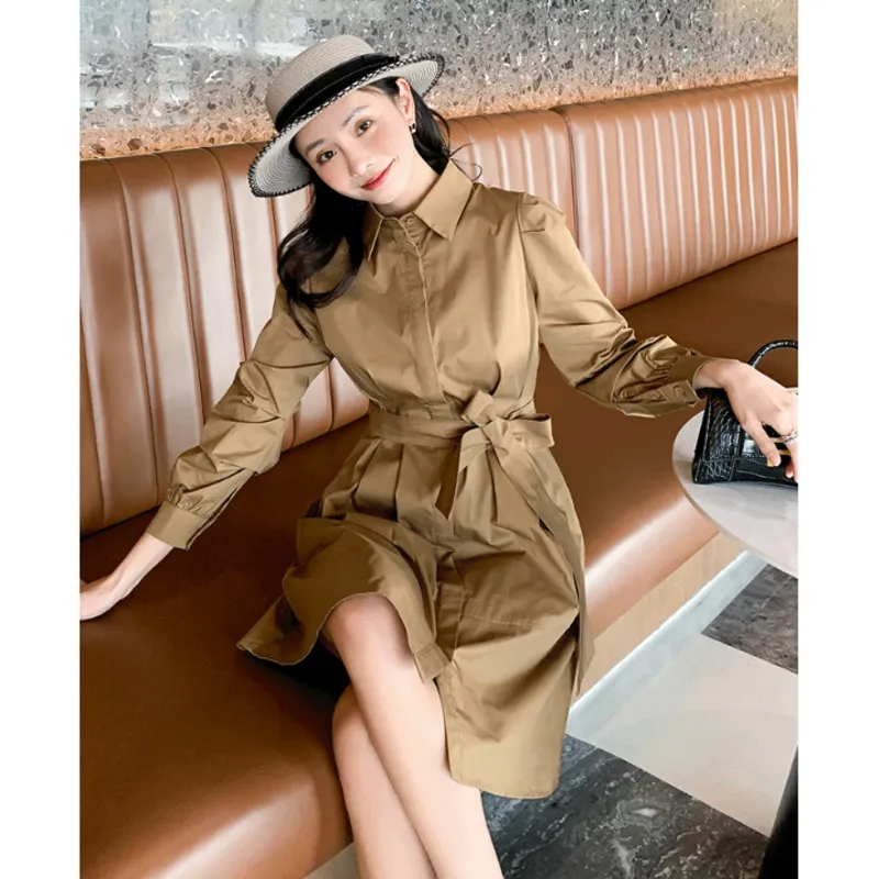 Simplee Pleated high waist women dress Vintage office lady dresses Long sleeve cotton Autumn winter dress shirt 201027