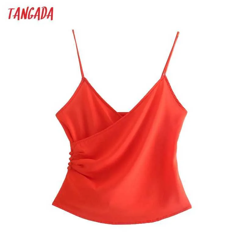 Tangada Femmes Rouge Col En V Camisoles Crop Top Bretelles Spaghetti Sans Manches Dos Nu Blouses Courtes Chemises Femme Casual Solide Tops QD43 210609