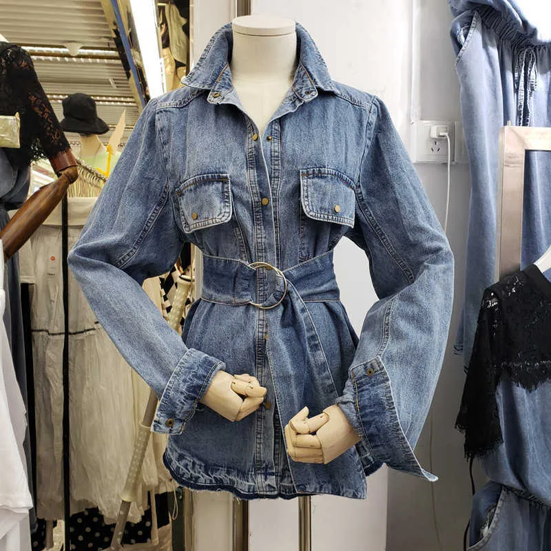 Sonbahar Turn-down Yaka Kot Ceket Kemer Ile Casual Denim Dış Giyim Vintage Kadınlar için Uzun Kollu Gevşek Ceket 210531