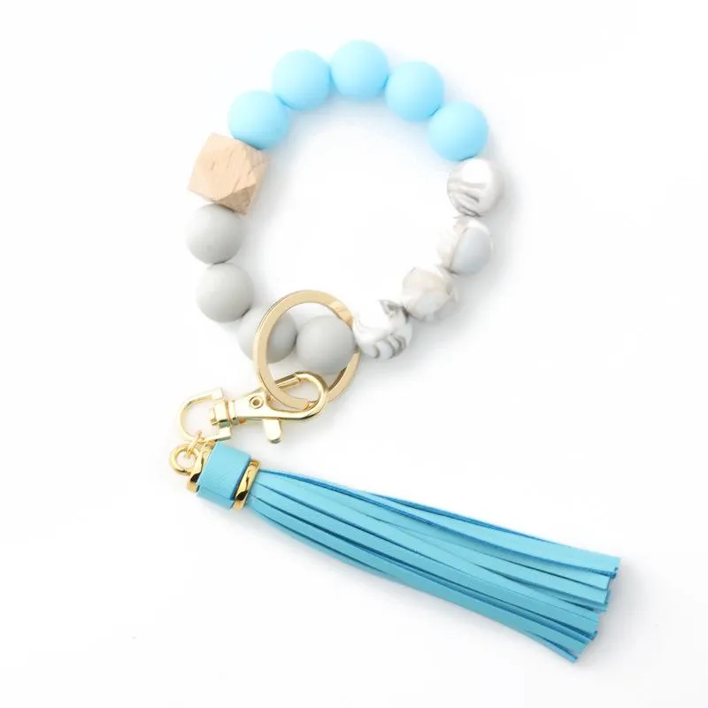 Keychains Wooden Silicone Beads Bangle Bracelet Leather Tassel Key Chain For Girls Personality Keyrings Daily Accessory Gift