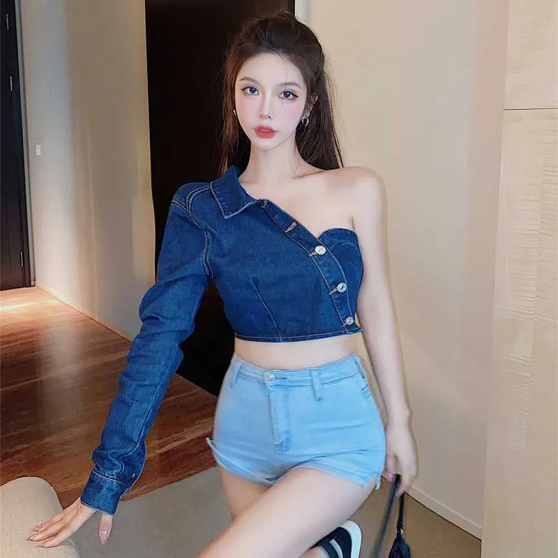 Slim Vintage Full One Shoulder Denim Chemises Courtes Tops à simple boutonnage Sexy Blusas Mujer De Moda Mode Streetwear Jeans Blouse 210610