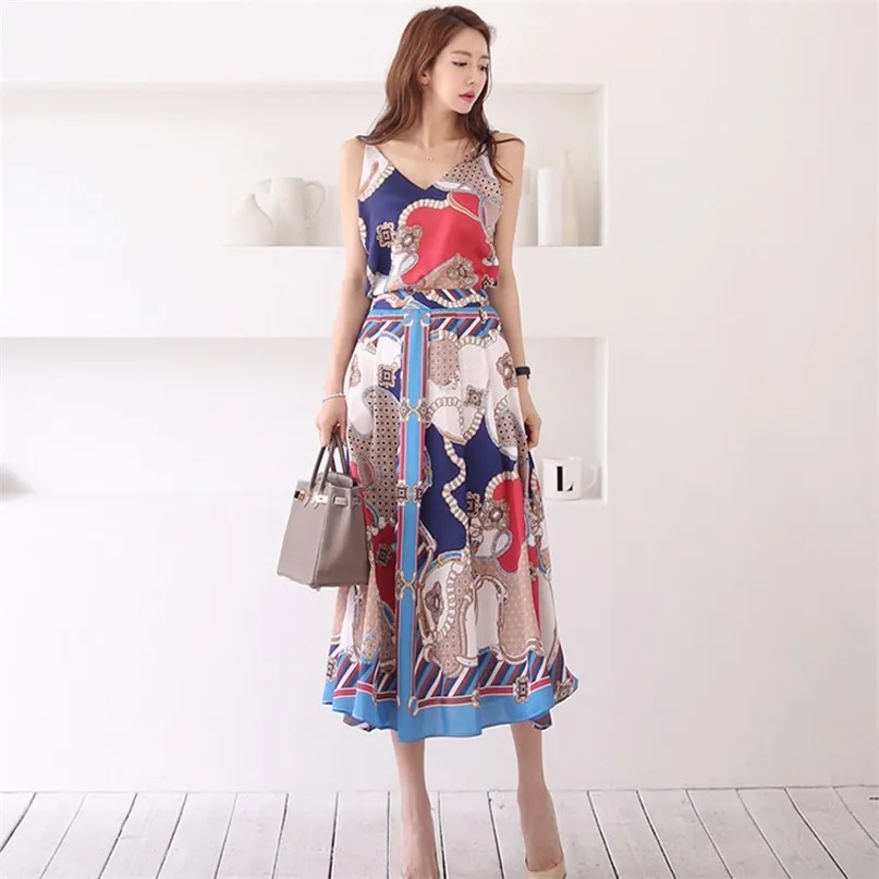 Casual Women Summer Two Pieces Set Elegant Chain Print Sleeveless Tank Top and A Line Midi Skirt Suits for Party Beach 2 pcs 210603