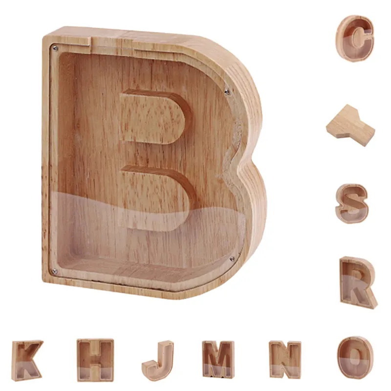 Letter-Shaped Piggy Bank Favor Wood Transparent Window Money Box Coin Storage Boxes Christmas Gift For Kid