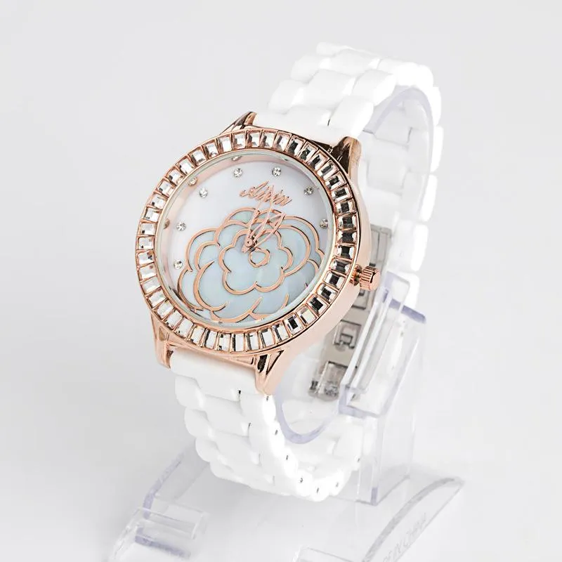 Наручные часы Алмаз-инкрустированные брендовые часы Мода Механическая Женева Дамы Цветочная имитация Керамическая