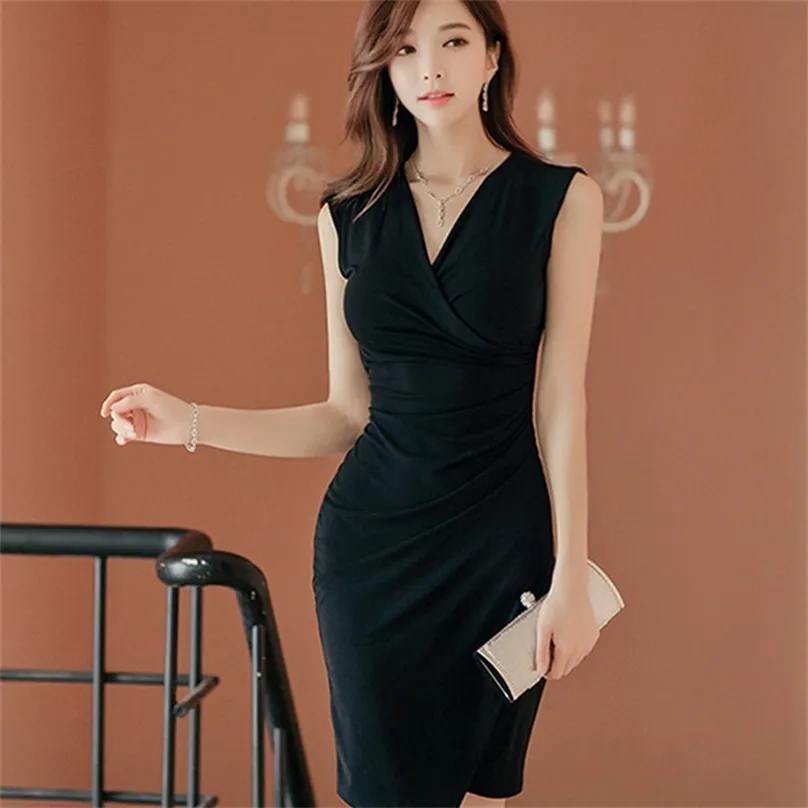 Robe noire de bureau coréenne pour femmes, sans manches, col en V, en lin, sexy, robes midi formelles, 210602