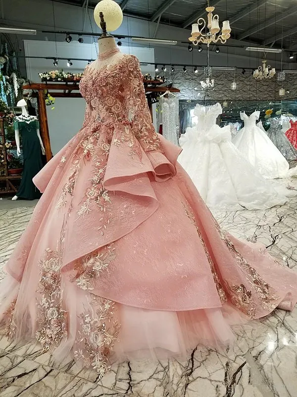 Princess Floral Lace Peach Pink Bridal Ball Gown - Xdressy