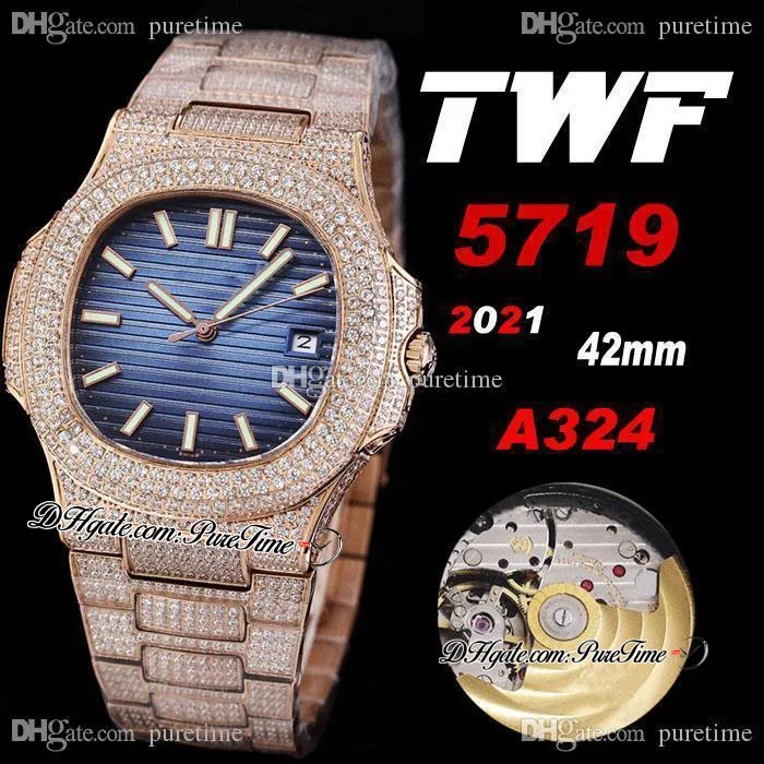 2021 TWF 5719 Cal A324 Automatic Mens Watch 18K Rose Gold Paved Diamonds D-Blue Texture Dial Iced Out Diamond Bracelet Super Edition Jewelry Watches Puretime A01