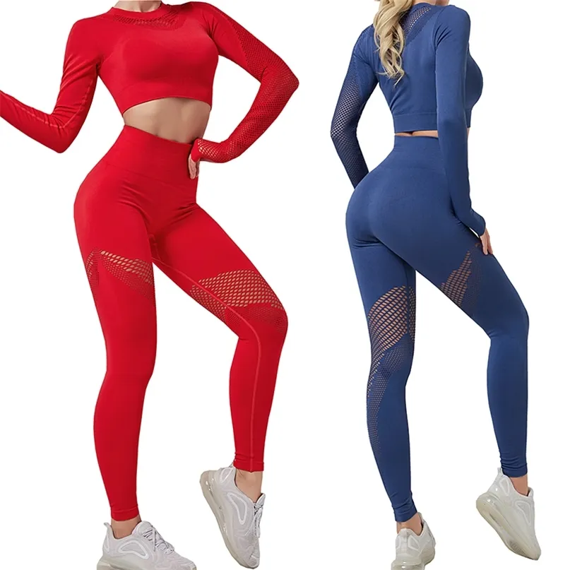 Kvinnor Seamless Yoga Set Gym Kläder Fitness Leggings Beskuren Skott Sport Suit Långärmad Tracksuit Aktivt slitage 210813